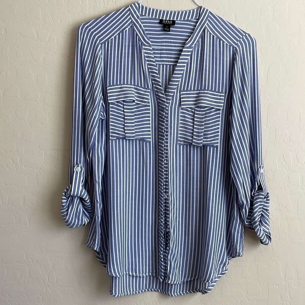 a.n.a. Blue White Stripe Oxford Roll Sleeve Button Down Top Women’s Small